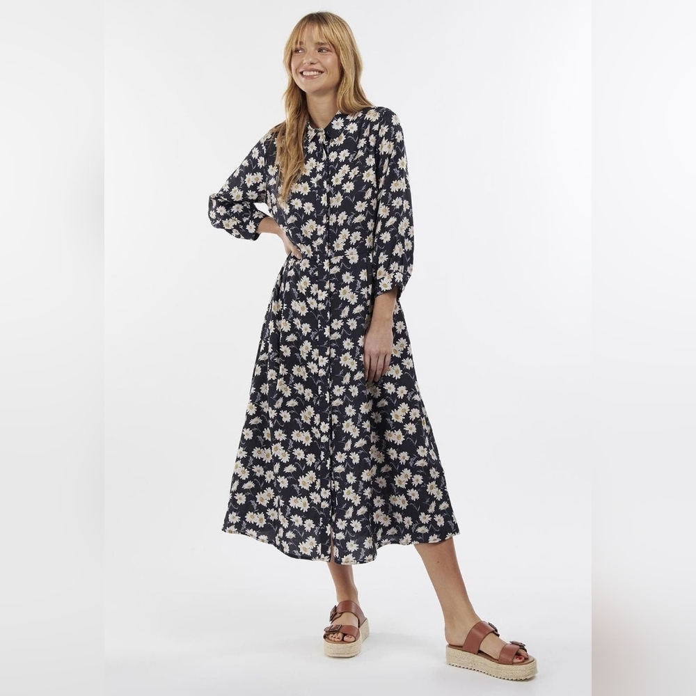 Barbour Cranmoor Daisy Floral Midi Shirt Dress Navy Blue Women's Size‎ 6 Buttons